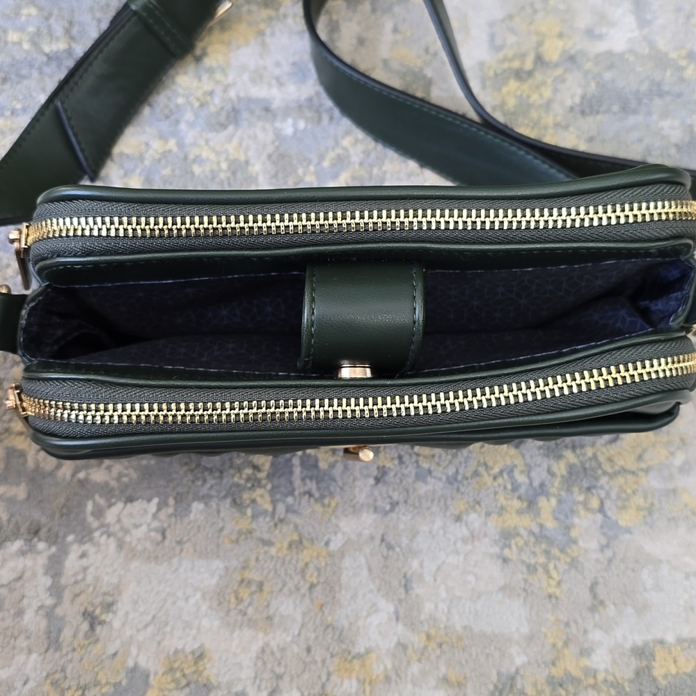 Quilted Faux Leather Crossbody Bag | Forest Green Phone Bag | Triple Compartment - Picture 10 of 16